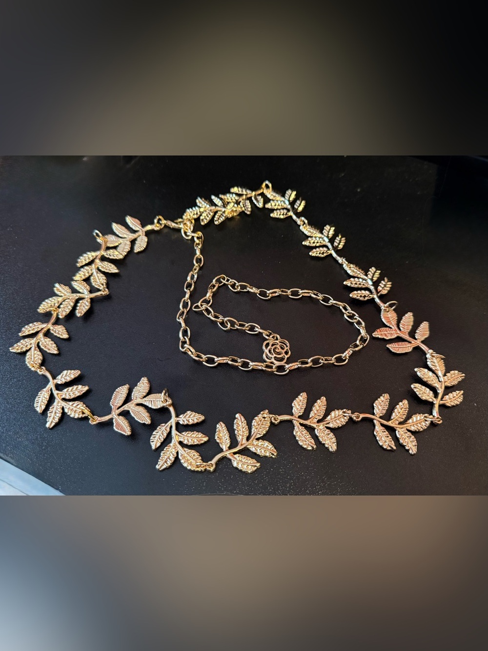 Grecian Gold Leaf Chain Belt with Rose Accent